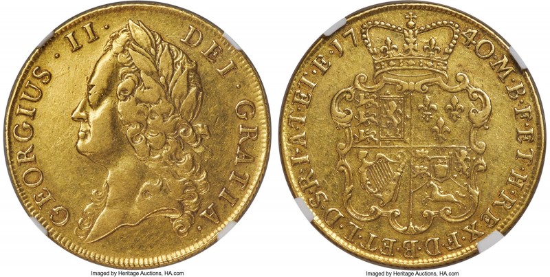 George II gold 2 Guineas 1740/39 VF35 NGC, KM578, S-3668. Lightly circulated, no...