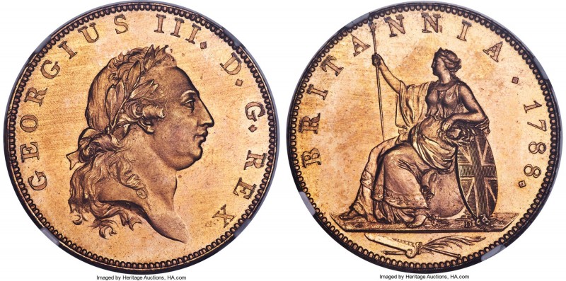 George III brown gilt-copper Proof Pattern 1/2 Penny 1788 PR66 NGC, Soho mint, K...