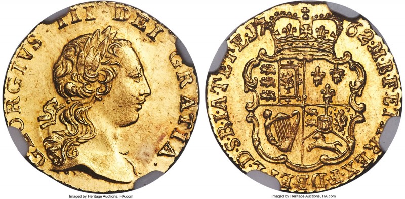 George III gold 1/4 Guinea 1762 MS65 NGC, KM592, S-3741. A one-year type (Quarte...