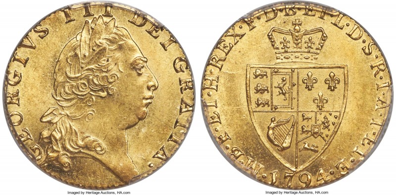 George III gold Guinea 1794 MS64 PCGS, KM609, S-3729. "Spade" type. A bright spe...