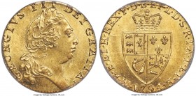George III gold Guinea 1794 MS64 PCGS, KM609, S-3729. "Spade" type. A bright specimen whose luster leaps across the surfaces with grace, highlighting ...
