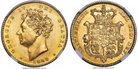 George IV gold 1/2 Sovereign 1828 MS63+ NGC, KM700, S-3804. Fully aglow with tiger's eye luster, Prooflike reflectivity cloaking George's bold portrai...
