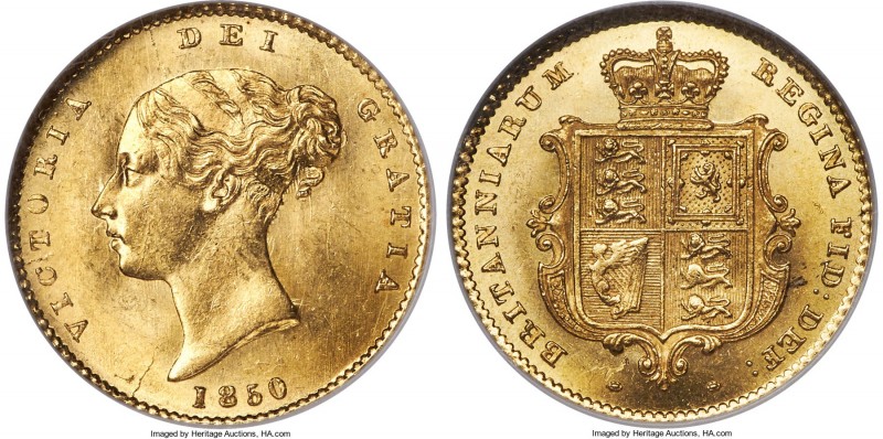 Victoria 1/2 Sovereign 1850 MS64 NGC, KM735.1, S-3859. One of the key dates in t...