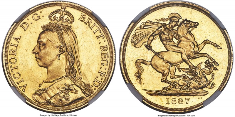 Victoria gold 2 Pounds 1887 MS65 NGC, KM768, S-3865. Extremely scarce in gem, a ...