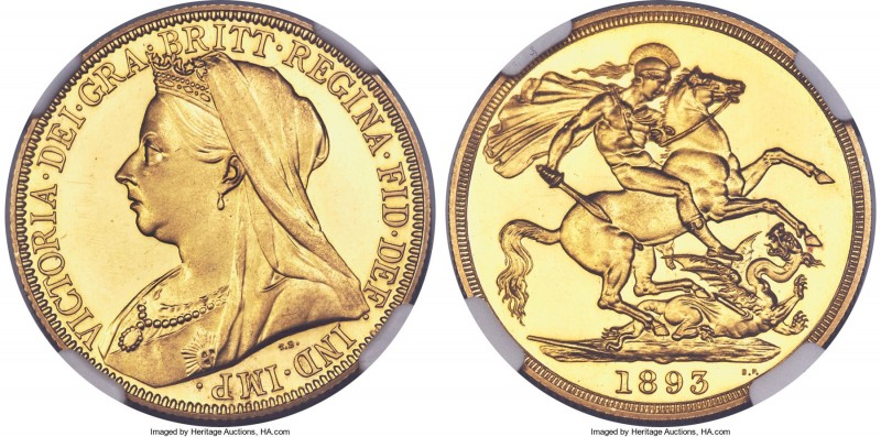 Victoria gold Proof 2 Pounds 1893 PR63+ Ultra Cameo NGC, KM786, S-3873. Richly f...