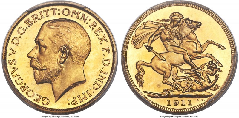 George V gold Proof Sovereign 1911 PR65 PCGS, KM820, S-3996. Bearing a richer go...