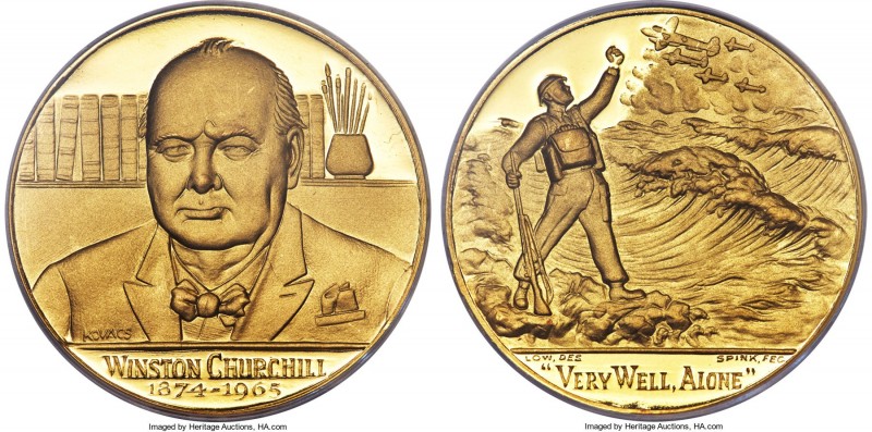 "Death of Winston Churchill" gold Specimen Medal 1965 SP67 PCGS, 38mm. 47.85gm. ...