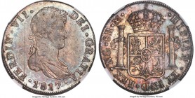 Ferdinand VII 8 Reales 1817 NG-M MS63+ NGC, Guatemala City mint, KM69. Most attractively and unique toned, the peripheral regions offering a cascading...