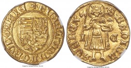 Sigismund gold Goldgulden ND (1387-1437) MS65 NGC, Kassa mint, Husz-573, Lengyel-18/46. 3.56gm. +SIGISMVNDI • D • G • R • VnGARIЄ, quartered shield wi...