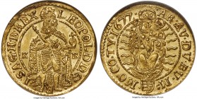 Leopold I gold Ducat 1677-KB MS65 NGC, Kremnitz mint, KM151, Fr-128. A superior type representative benefitting from an exacting strike, which leaves ...