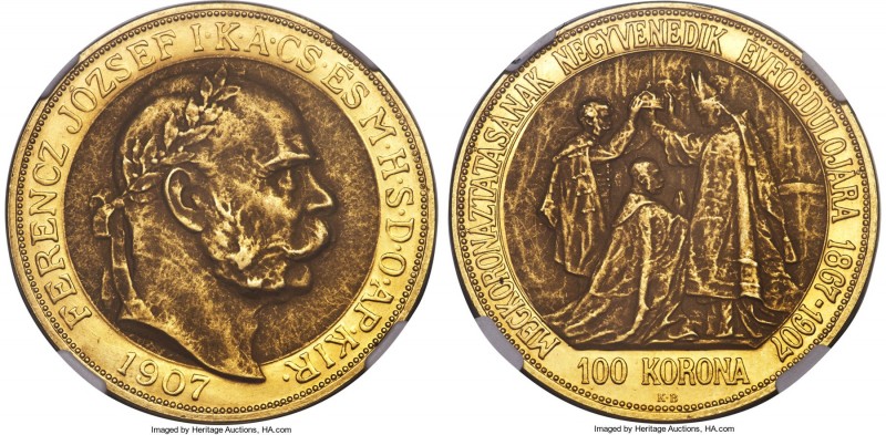 Franz Joseph I gold "Coronation Anniversary" 100 Korona 1907-KB MS62 NGC, Kremni...