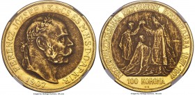 Franz Joseph I gold "Coronation Anniversary" 100 Korona 1907-KB MS62 NGC, Kremnitz mint, KM490. A bright and fully Mint State example of this popular ...
