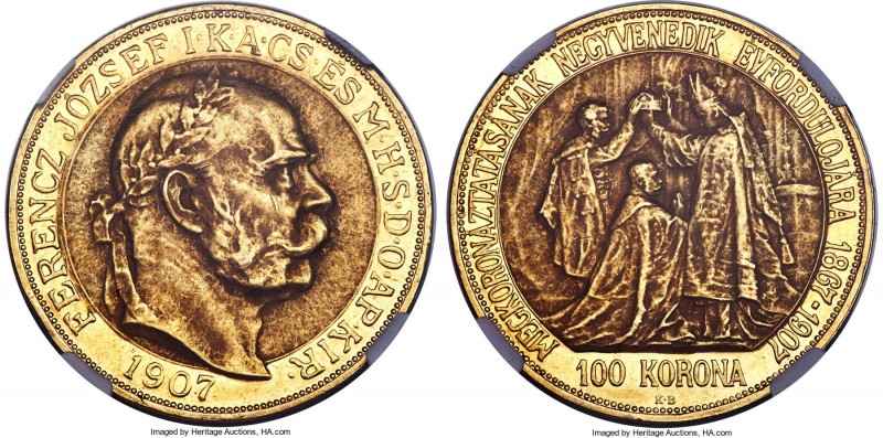 Franz Joseph I gold "Coronation Anniversary" 100 Korona 1907-KB MS61 NGC, Kremni...