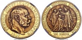 Franz Joseph I gold "Coronation Anniversary" 100 Korona 1907-KB MS61 NGC, Kremnitz mint, KM490. Struck for the anniversary of Franz Joseph's coronatio...