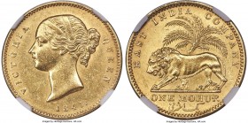British India. Victoria gold Mohur 1841.-(C) (1850/1) AU58 NGC, Calcutta mint, KM462.1, S&W-3.7, Type A Bust, Type I Reverse. Variety with "W.W.", Pla...