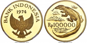 Republic gold Proof "Komodo Dragon" 100000 Rupiah 1974 PR69 Ultra Cameo NGC, Royal mint, KM41, Fr-6. Proof Mintage: 1,369. Luxuriously satiny over the...