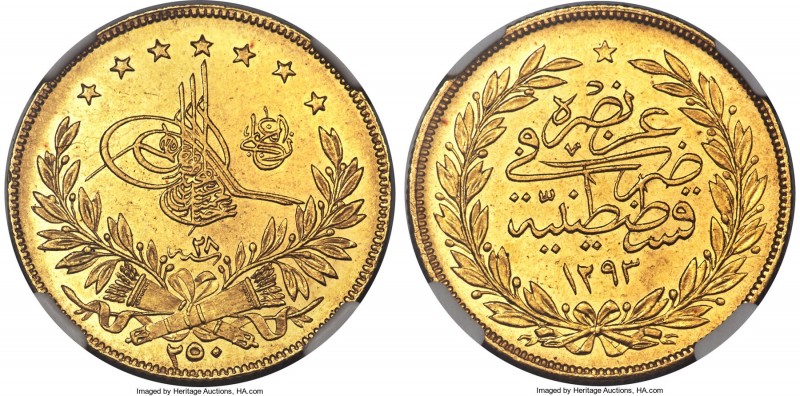 Ottoman Empire. Abdul Hamid II gold 250 Kurush AH 1293 Year 28 (1902/3) MS64+ NG...