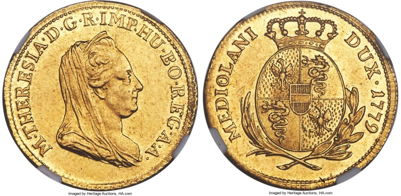 Milan. Maria Theresa gold Zecchino 1779 AU58 NGC, Milan mint, KM194. Struck over...