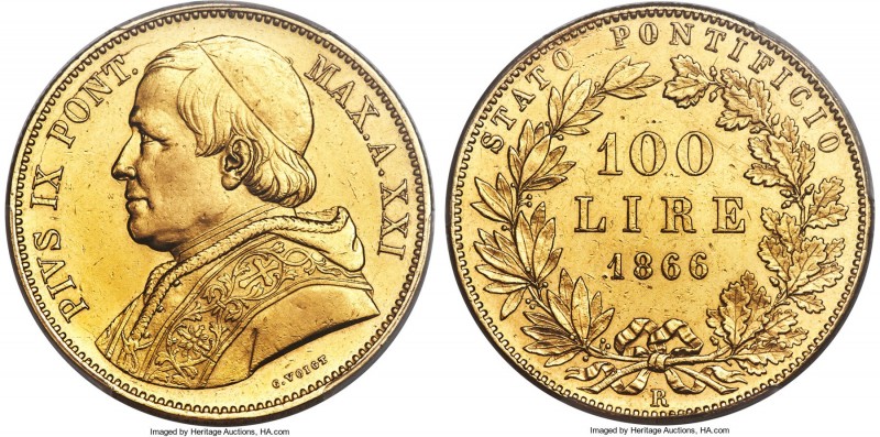 Papal States. Pius IX gold 100 Lire Anno XXI (1866)-R UNC Details (Repaired) PCG...