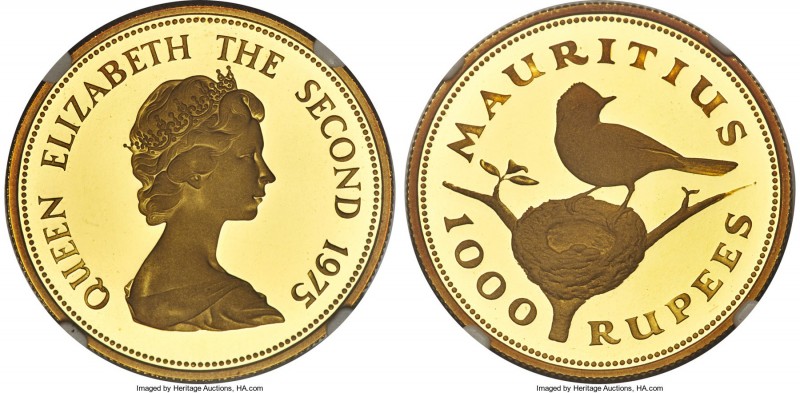 British Colony. Elizabeth II gold Proof "Mauritius Flycatcher" 1000 Rupees 1975 ...