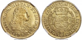Philip V gold 8 Escudos 1736 Mo-MF AU58 NGC, Mexico City mint, KM148, Onza-429. Attractive, and a significant rarity in higher grades. This lofty Almo...
