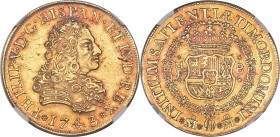 Philip V gold 8 Escudos 1743 Mo-MF AU58 NGC, Mexico City mint, KM148, Fr-8, Onza-441. Absolutely impressive, this mesmerizing selection displays delig...
