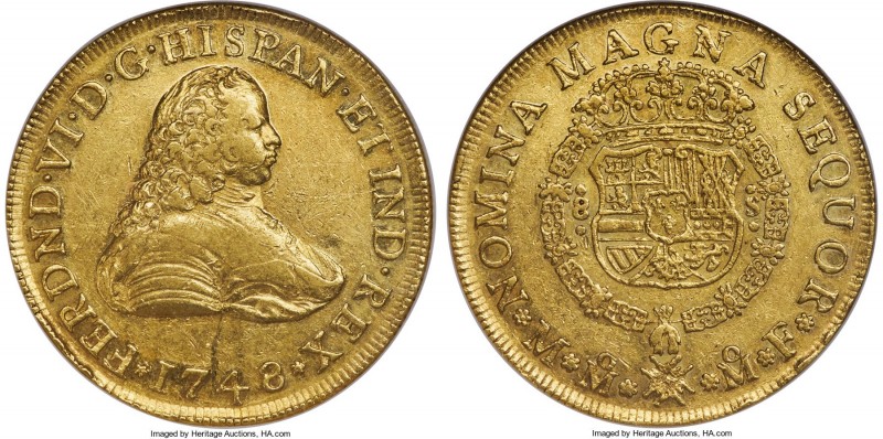 Ferdinand VI gold 8 Escudos 1748 Mo-MF AU53 NGC, Mexico City mint, KM150, Onza-5...