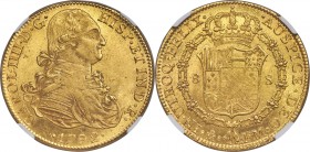 Charles IV gold 8 Escudos 1792 Mo-FM MS63+ NGC, Mexico City mint, KM159. Soft in the centers from an uneven flan, its peripheral design elements sharp...