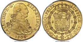 Charles IV gold 8 Escudos 1806 Mo-TH MS62 NGC, Mexico City mint, KM159. Soft at the highpoints, otherwise appealing with bright original color and con...