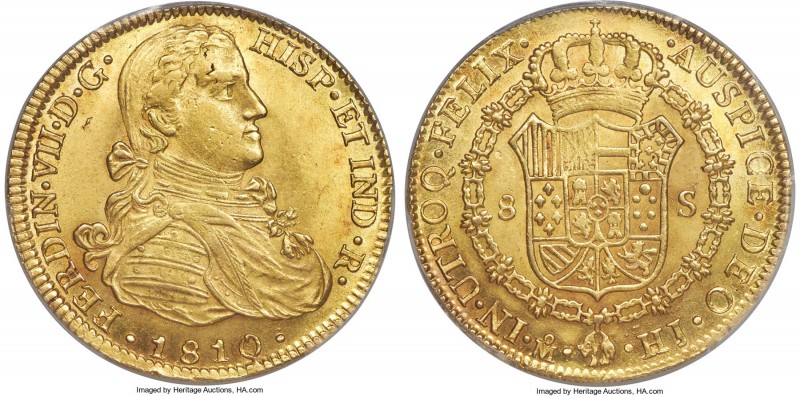 Ferdinand VII gold 8 Escudos 1810 Mo-HJ MS63 PCGS, Mexico City mint, KM160, Fr-4...
