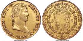 Guadalajara. Ferdinand VII gold 8 Escudos 1821 GA-FS AU50 NGC, Guadalajara mint, KM161.1, Onza-1205. Normal bust type. Heralding from the final year o...