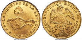 Republic gold 8 Escudos 1862 Go-YE MS62 NGC, Guanajuato mint, KM383.7. Appealing for its grade; the reverse center exhibits an adjustment mark, mostly...