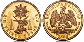 Republic gold 20 Pesos 1890 Mo-M MS61 Prooflike PCGS, Mexico City mint, KM414.6. Boasting deeply mirrored fields with contrasting frosty devices, this...