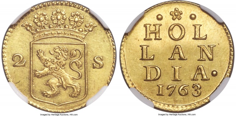 Holland. Provincial gold Off-Metal 2 Stuivers 1763 MS62 NGC, KM48a, Delm-813. A ...