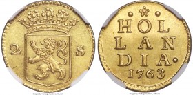 Holland. Provincial gold Off-Metal 2 Stuivers 1763 MS62 NGC, KM48a, Delm-813. A scarce striking in gold of this normally silver denomination expressin...