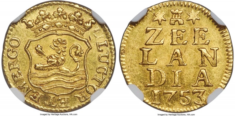 Zeeland. Provincial gold Off-Metal 1/2 Duit 1753 MS63 NGC, KM-A75, Delm-916. A d...
