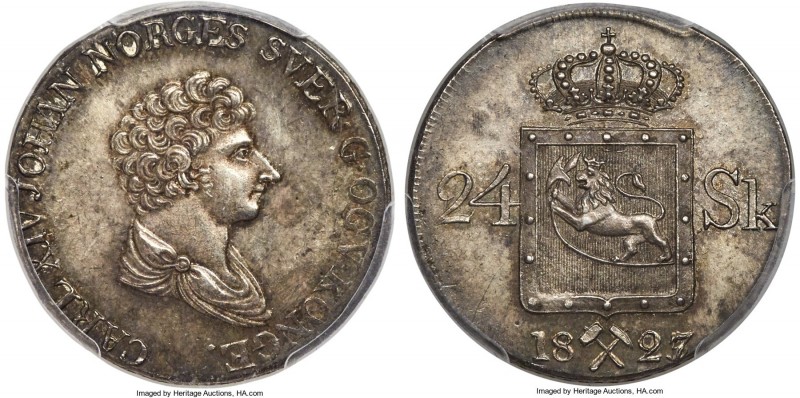 Carl XIV Johan 24 Skillings 1827/5 MS63 PCGS, KM300. Incorrectly listed on the h...