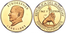Republic gold Proof "Alfredo Stroessner" 300000 Guaranies 1988 PR68 Ultra Cameo NGC, KM174. From a mintage of just 500 pieces, of which 250 were remel...