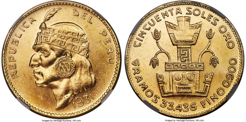 Republic gold "Inca" 50 Soles 1931 MS64 NGC, Lima mint, KM219. A low-mintage iss...