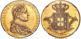 Miguel gold 6400 Reis (Peça) 1830 MS62 NGC, KM397. A two-year type from a mintage of 2,274 pieces. Very visually appealing, the fields exhibiting such...