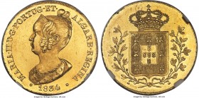 Maria II gold 6400 Reis (Peça) 1834 MS64 NGC, Lisbon mint, KM405, Fr-141. It is frankly surprising that this piece has not received a 'Prooflike' desi...