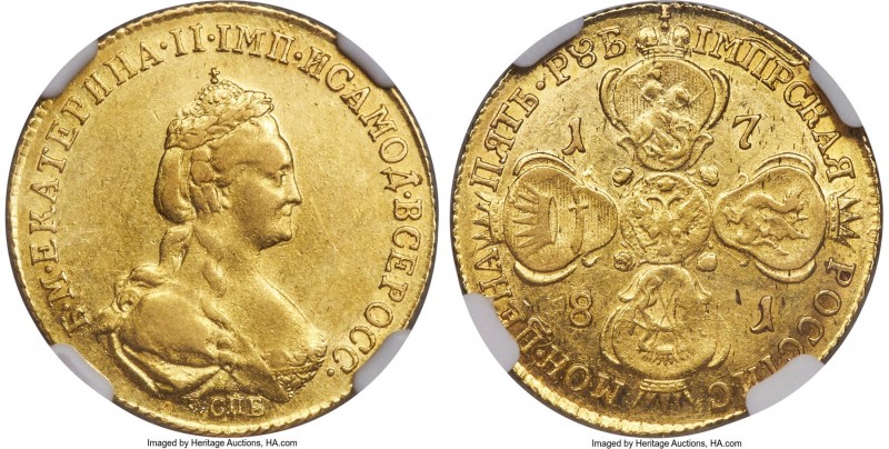 Catherine II gold 5 Roubles 1781-СПБ AU50 NGC, St. Petersburg mint, KM-C78b, Bit...