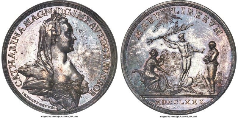 Catherine II silver "Armed Neutrality" Medal 1780 MS63 NGC, Diakov-184.1. 49mm. ...