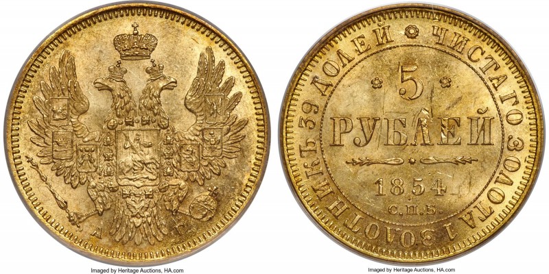 Nicholas I gold 5 Roubles 1854 СПБ-АГ MS64 PCGS, St. Petersburg mint, KM-C175.3,...