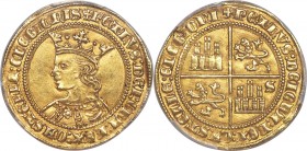 Castile & Leon. Pedro I the Cruel gold Dobla of 35 Maravedis ND (1350-1369)-S AU58 PCGS, Seville mint, Fr-105, Cay-1276 var. (legends). + PЄTRVS : DЄI...