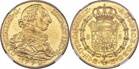 Charles III gold 8 Escudos 1772 M-PJ MS62+ NGC, Madrid mint, KM409.1, Onza-720. Sun gold, with shimmering luster that careens over the surfaces, conce...