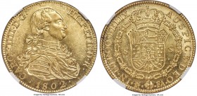 Charles IV gold 8 Escudos 1802 M-FA MS63 NGC, Madrid mint, KM437.1, Onza-1011. Conditionally scarce in choice condition, a sharper than average 8 Escu...