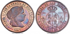 Isabel II bronze Specimen Essai 5 Centimos 1867-OM SP66 Red and Brown PCGS, Paris mint, Cayon-16777. Obv. Laureate head of Isabel II right. Rev. Oval ...