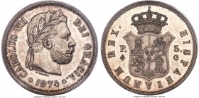 Charles VII Pretender silver Specimen 5 Pesetas 1874 SP64 PCGS, Brussels mint, KM-PT10.1, Cal-1. Plain edge. Struck for Charles VII, grandson of Carlo...