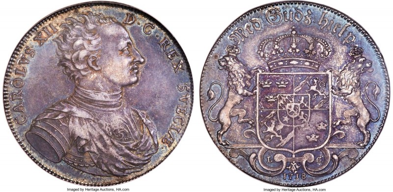 Carl XII Riksdaler 1718-LC MS63 PCGS, Stockholm mint, KM362, Dav-1716. A scarce ...